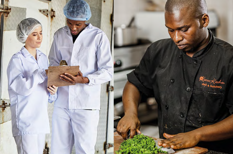 Food-production employees wearing controlled workwear